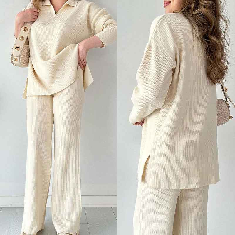 V-Neck Ribbed Loungewear Set with Wide-Leg Pants