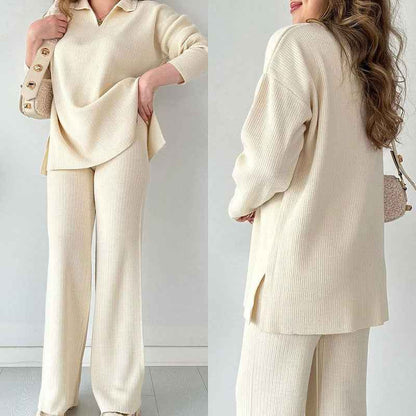 V-Neck Ribbed Loungewear Set with Wide-Leg Pants