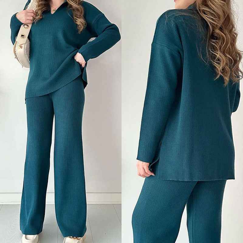 V-Neck Ribbed Loungewear Set with Wide-Leg Pants