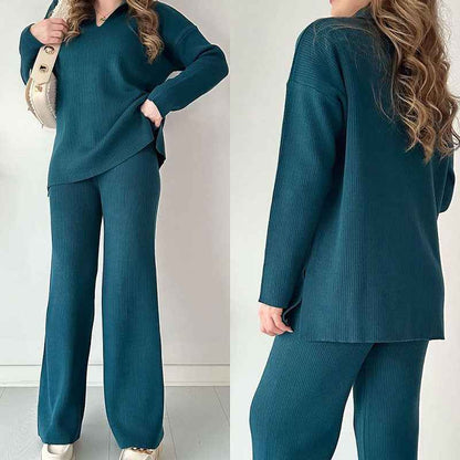 V-Neck Ribbed Loungewear Set with Wide-Leg Pants