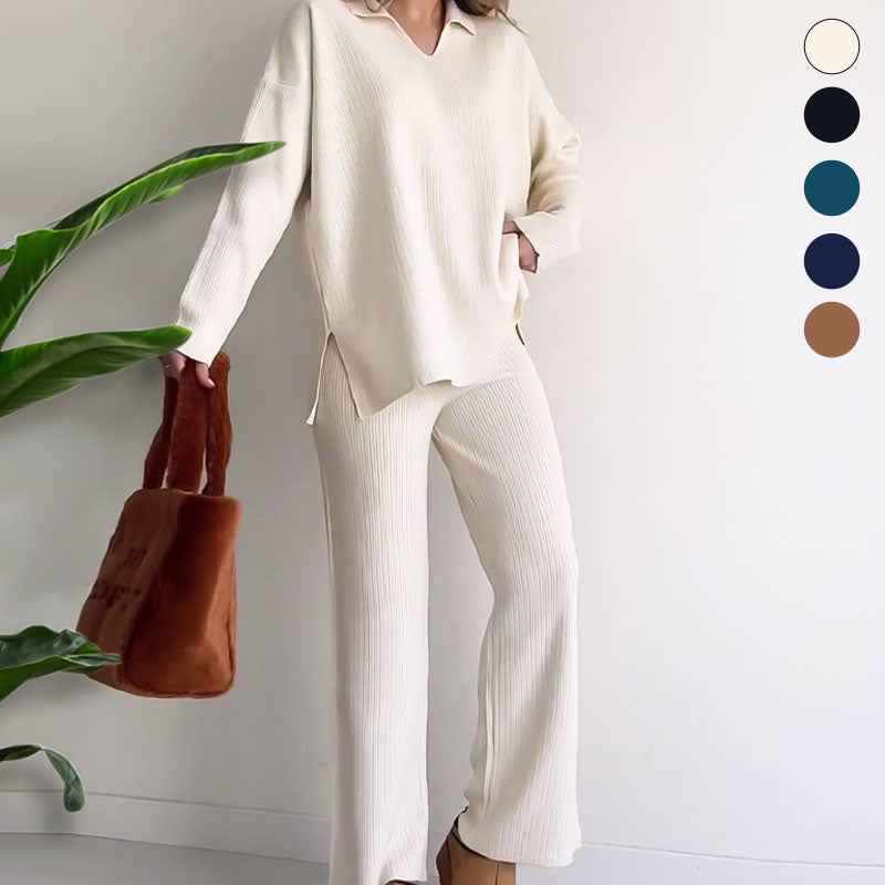 V-Neck Ribbed Loungewear Set with Wide-Leg Pants