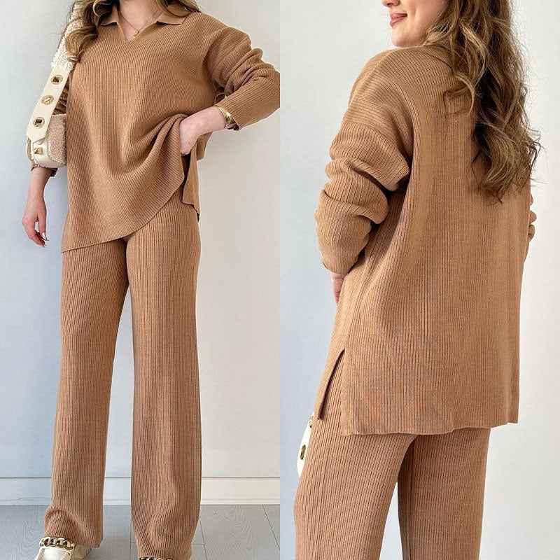 V-Neck Ribbed Loungewear Set with Wide-Leg Pants