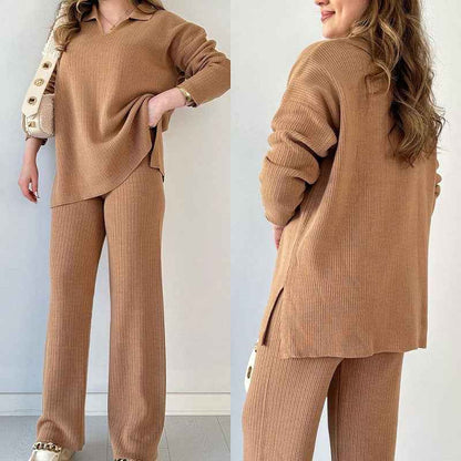 V-Neck Ribbed Loungewear Set with Wide-Leg Pants