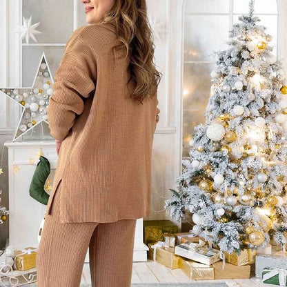 V-Neck Ribbed Loungewear Set with Wide-Leg Pants