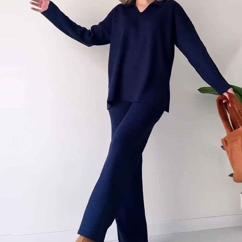 V-Neck Ribbed Loungewear Set with Wide-Leg Pants