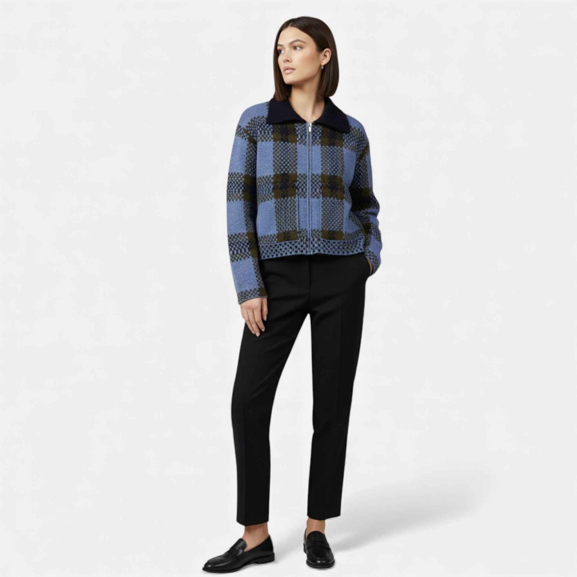 Women's Knitted Plaid Zipper Jacket with Collared Design