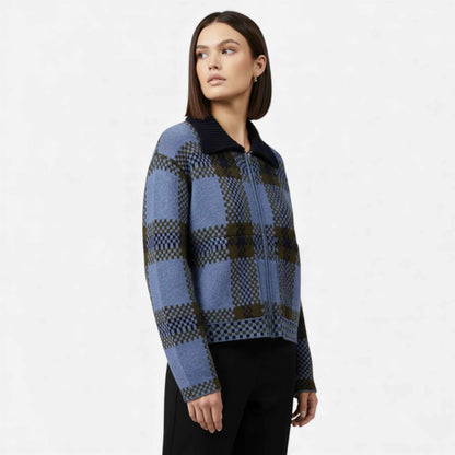 Women's Knitted Plaid Zipper Jacket with Collared Design