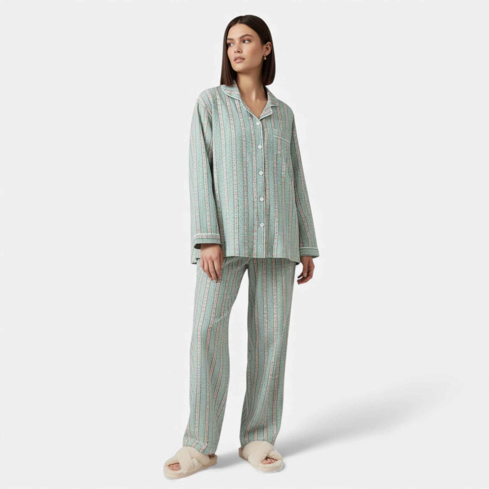 Women's Pure Cotton Pajama Set with Cardigan Design