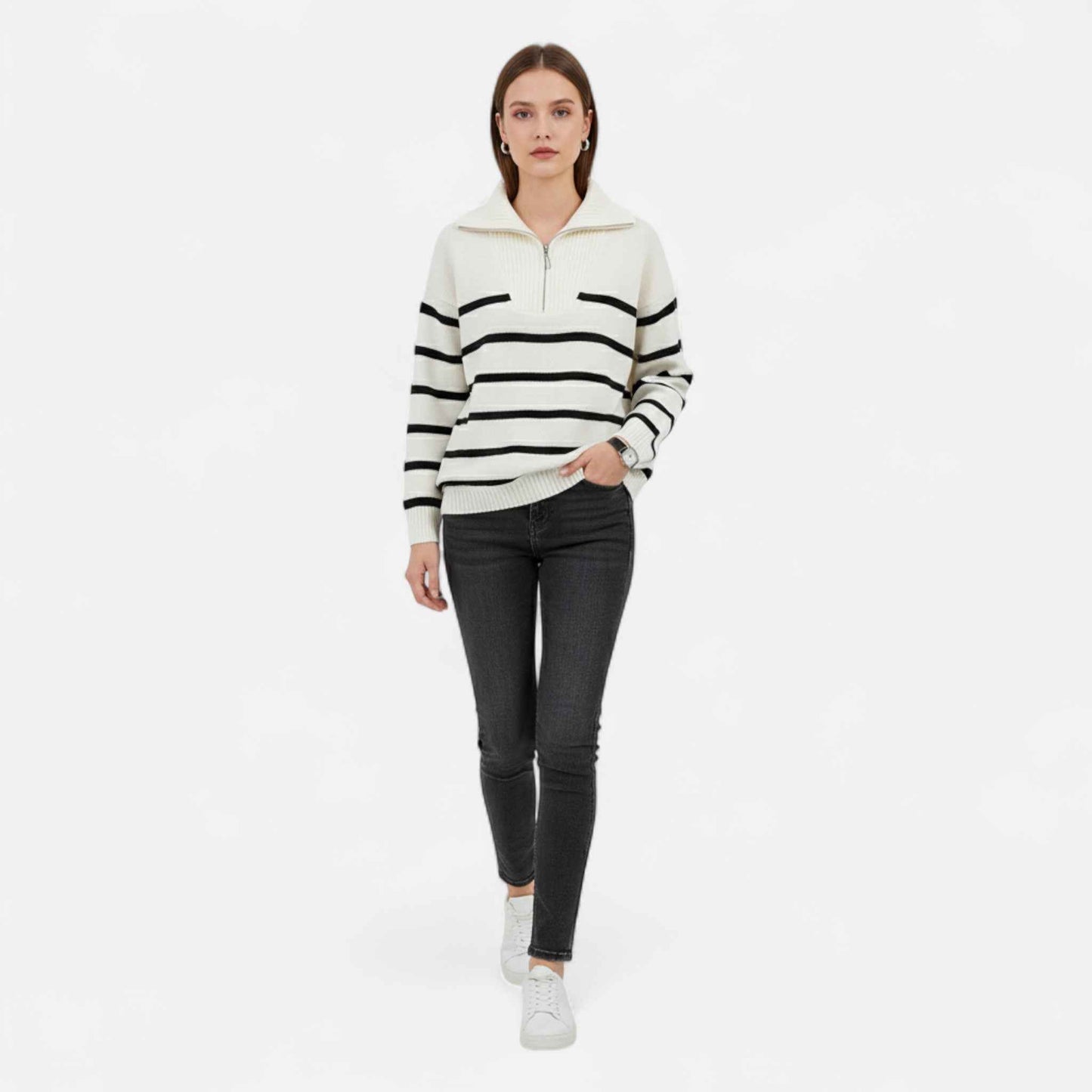 Elegant Women's Striped Polo Zip Sweater
