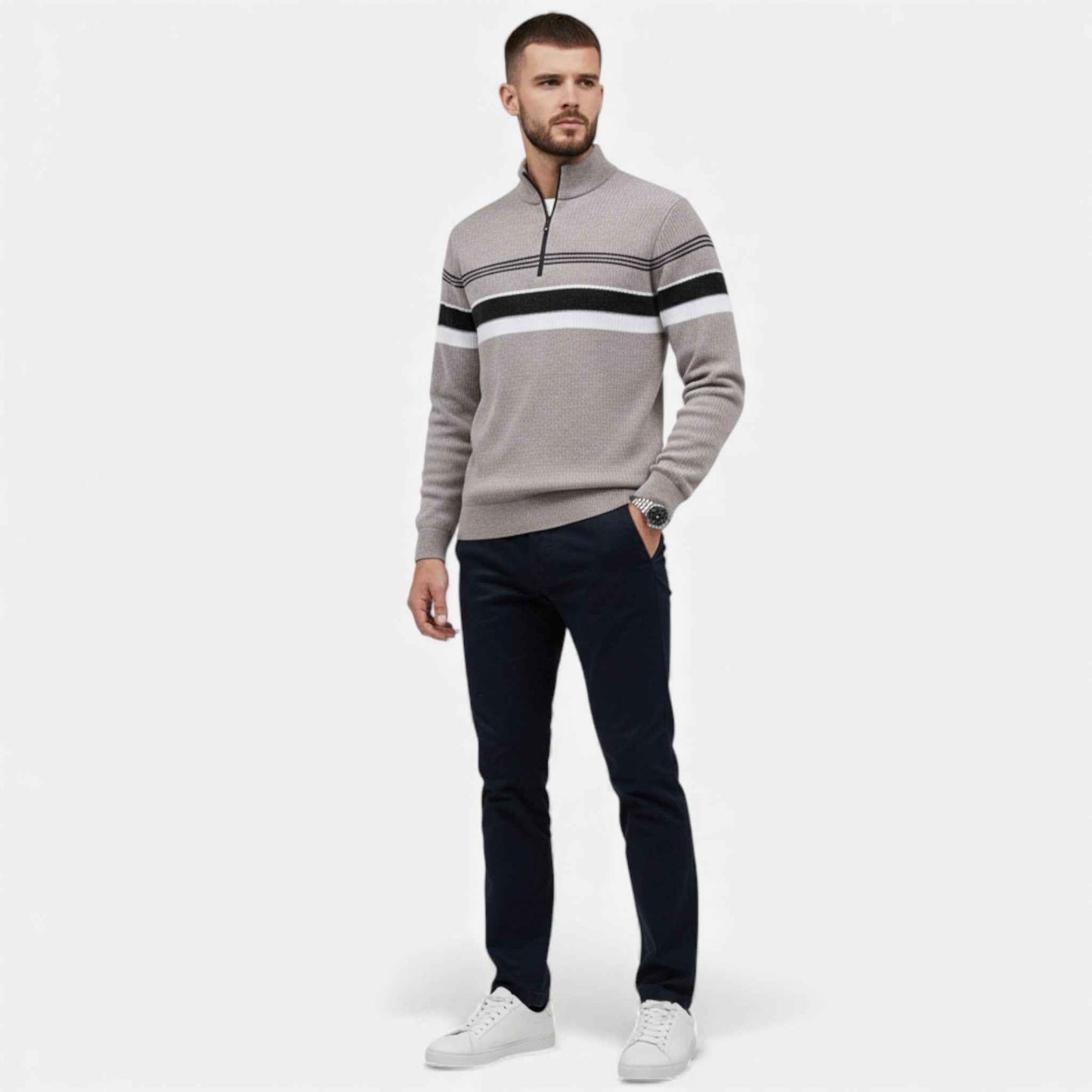 Men’s Thick Half-Zip Striped Knit Sweater
