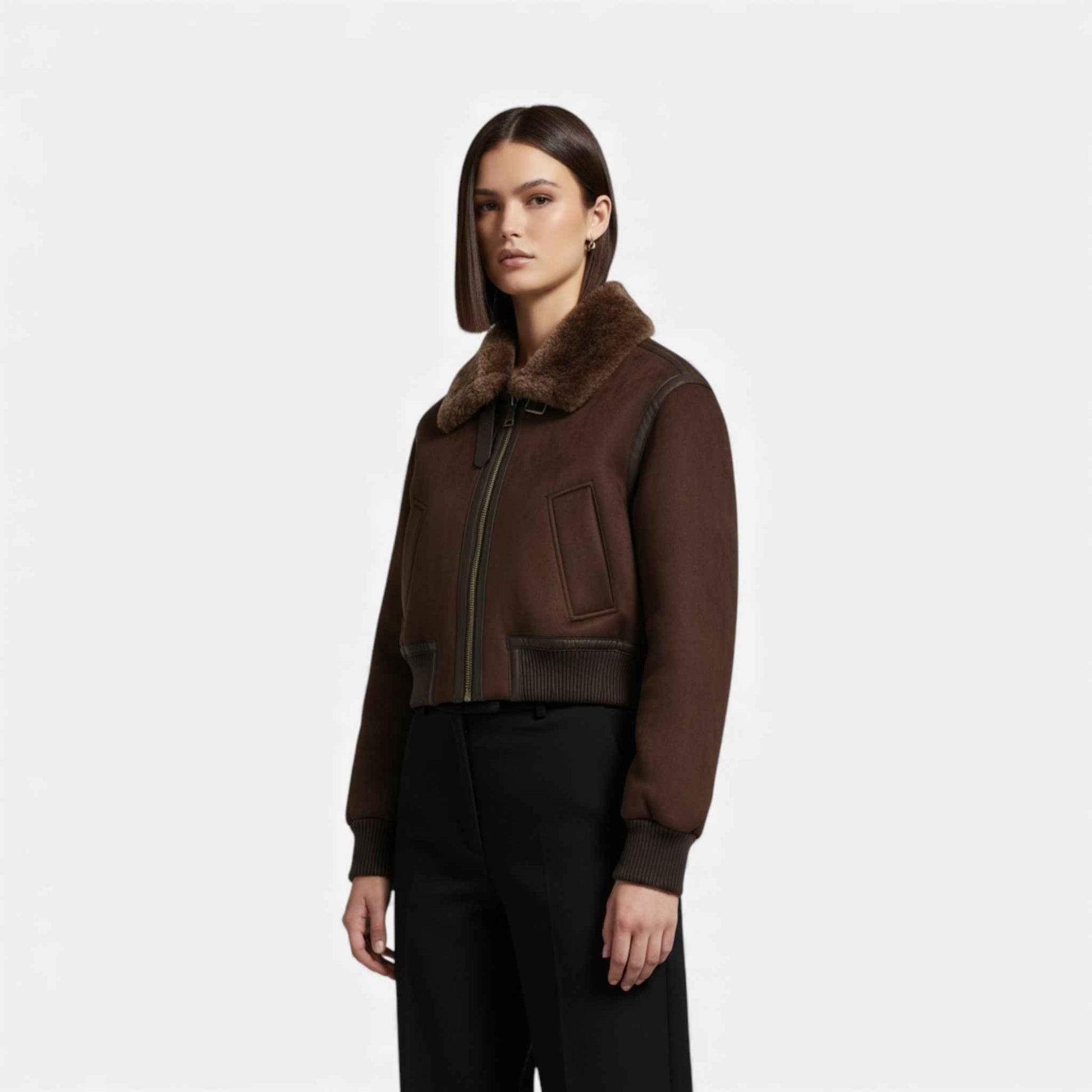 Luxe Faux Fur-Trimmed Brown Bomber Jacket for Women