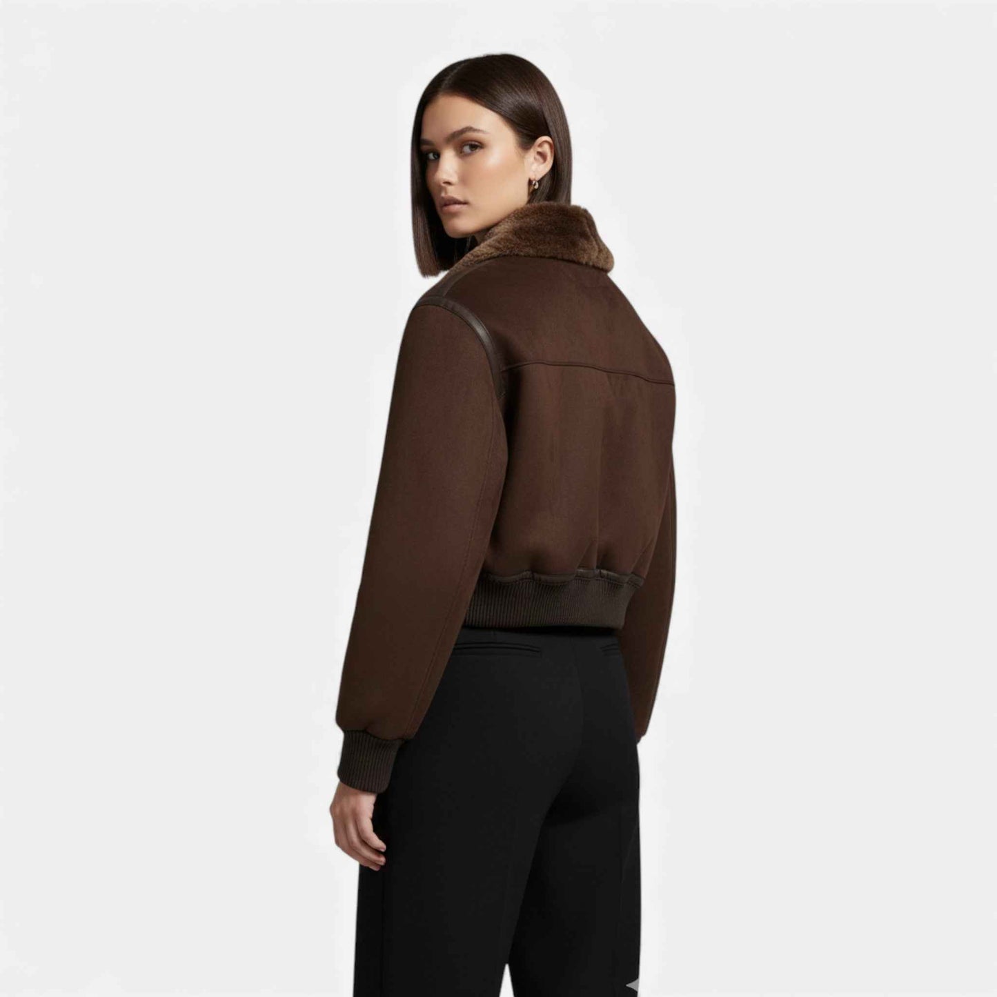 Luxe Faux Fur-Trimmed Brown Bomber Jacket for Women