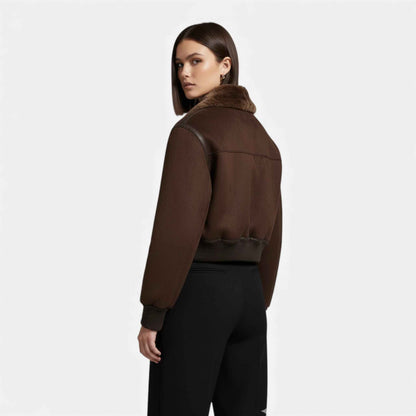 Luxe Faux Fur-Trimmed Brown Bomber Jacket for Women