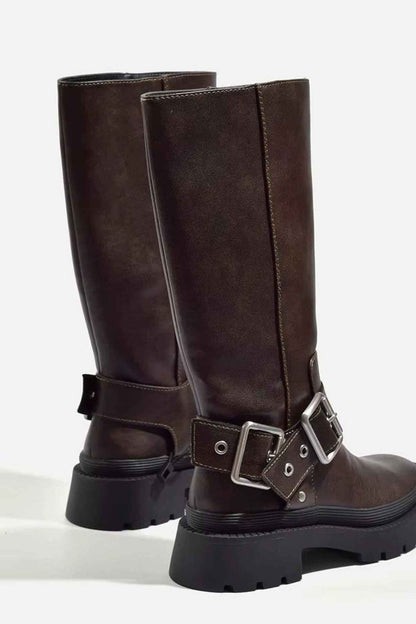Knee-High Chunky Flat Boots – Retro Buckle