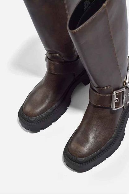 Knee-High Chunky Flat Boots – Retro Buckle