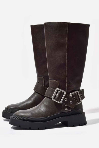 Knee-High Chunky Flat Boots – Retro Buckle