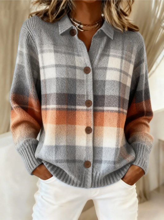 Checked Knitted Cardigan in Soft Tones for Women - Navenport