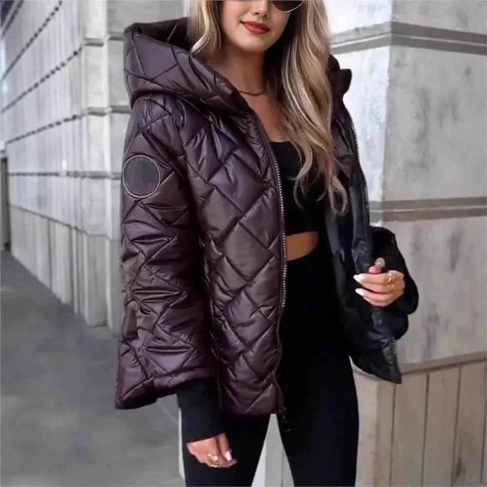 Women's Quilted Hooded Winter Coat – Cozy Padded Jacket with Zipper