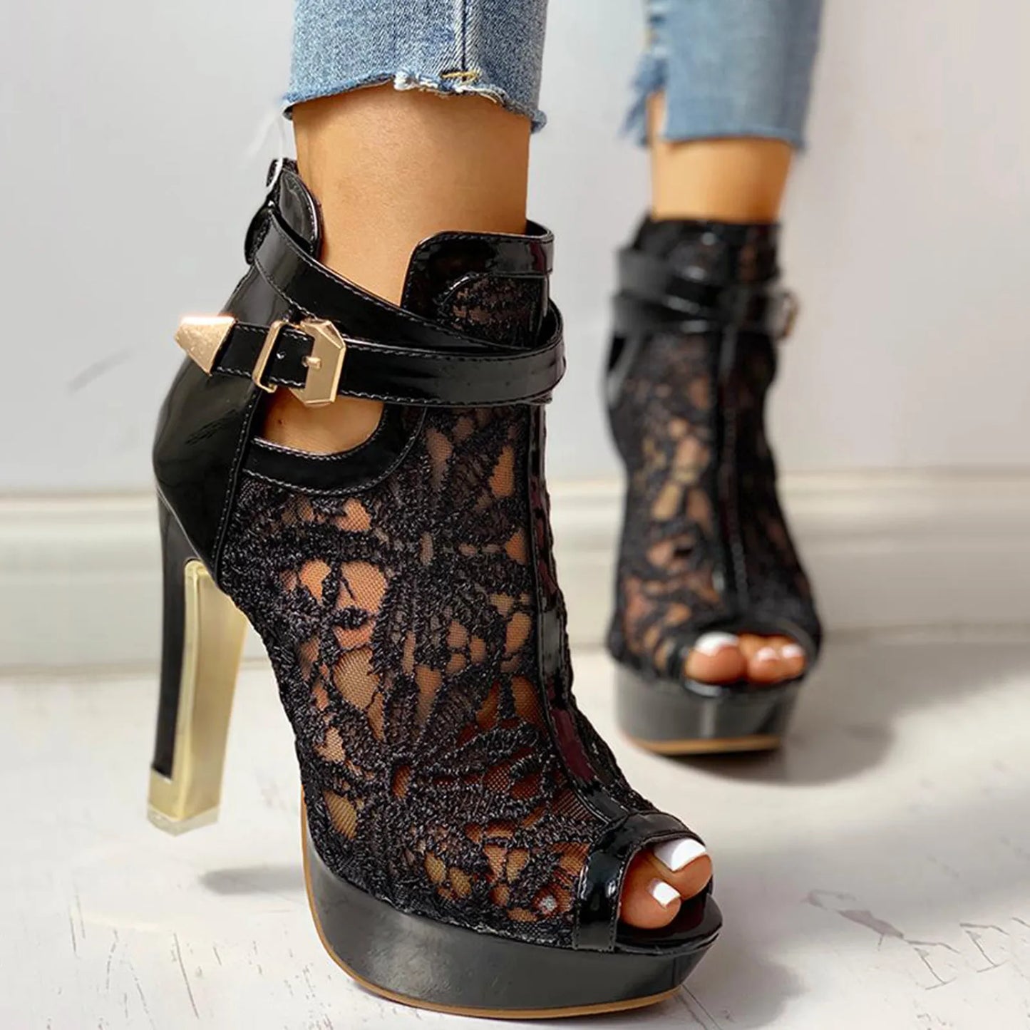 Women's Peep Toe High Heels – Black Lace & Gold Detail
