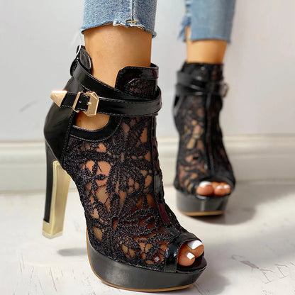 Women's Peep Toe High Heels – Black Lace & Gold Detail