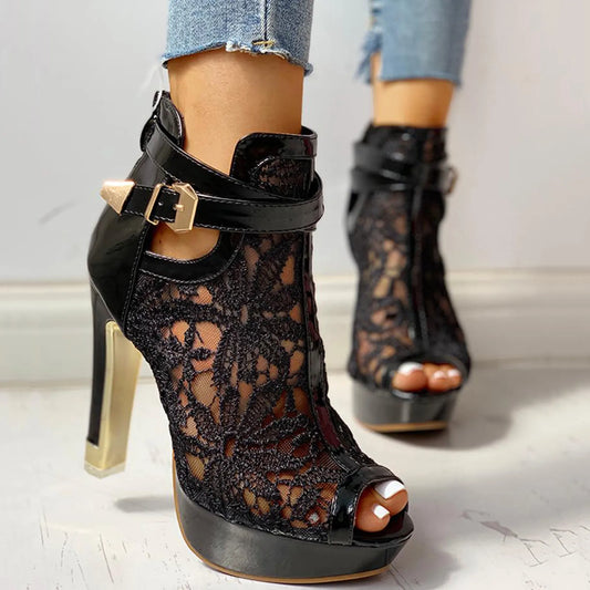 Women's Peep Toe High Heels – Black Lace & Gold Detail