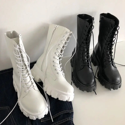Women's Autumn Winter Mid Calf Lace-Up Chelsea Boots with Zipper - Stylish Platform Heel Footwear
