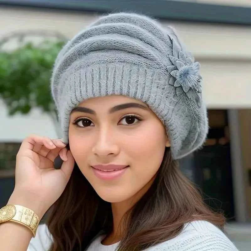 Women's Floral Winter Beanie - Cozy Knitted Wool Hat with Flower Accents