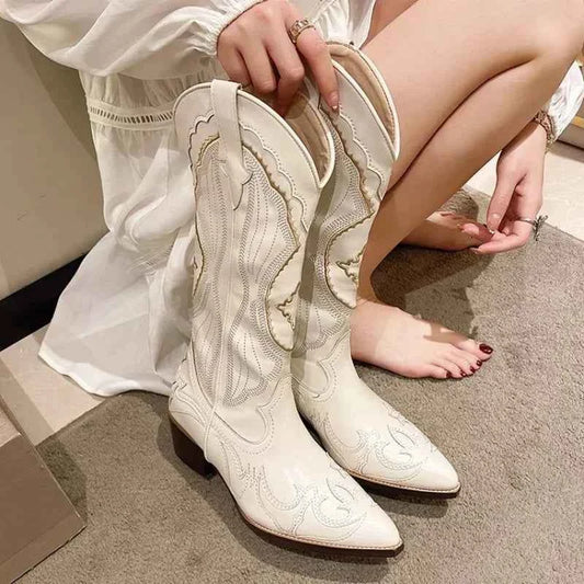 Women's Vintage Square Toe Thick Heel Leather Boots with Embroidery and Side Zipper - Autumn Footwear