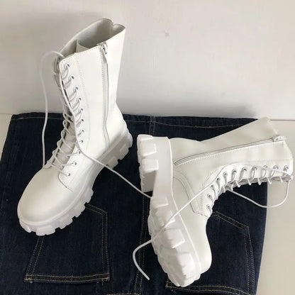 Women's Autumn Winter Mid Calf Lace-Up Chelsea Boots with Zipper - Stylish Platform Heel Footwear