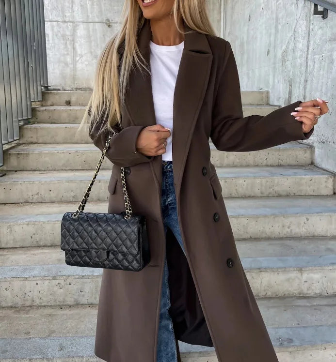 Women's Elegant Warm Long Double Breasted Winter Coat with Belt Classic Look | Ideal for Autumn/Winter - Navenport