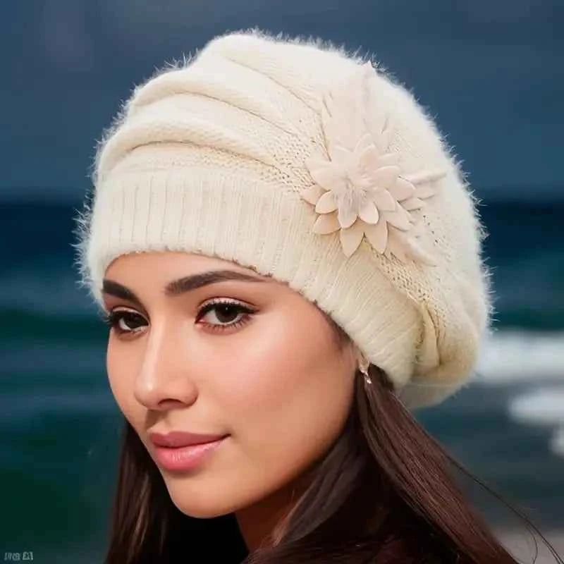 Women's Floral Winter Beanie - Cozy Knitted Wool Hat with Flower Accents
