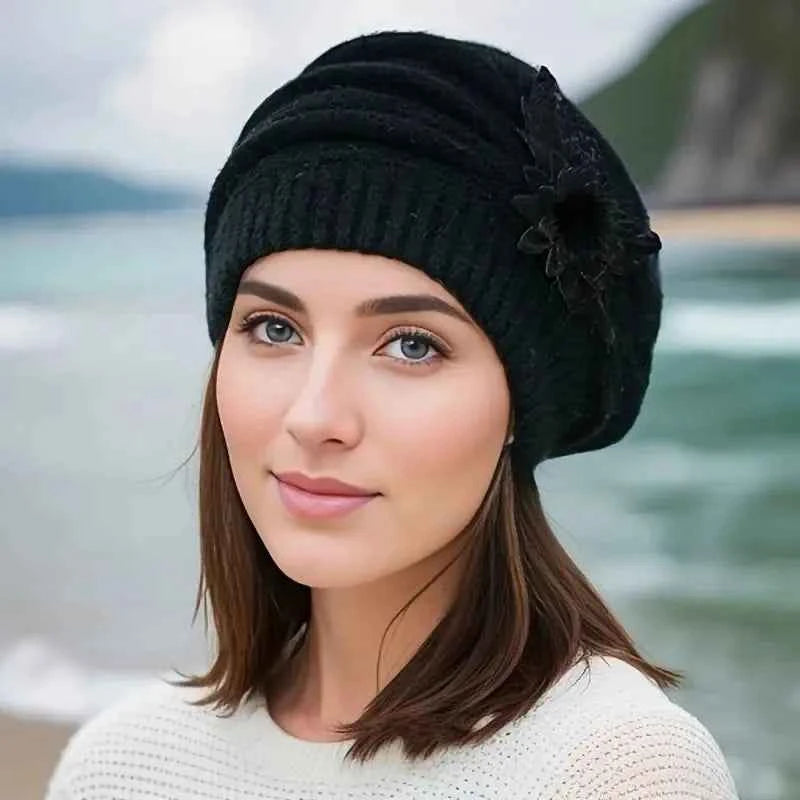 Women's Floral Winter Beanie - Cozy Knitted Wool Hat with Flower Accents