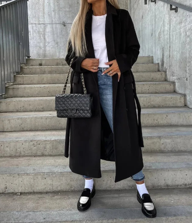 Women's Elegant Warm Long Double Breasted Winter Coat with Belt Classic Look | Ideal for Autumn/Winter - Navenport