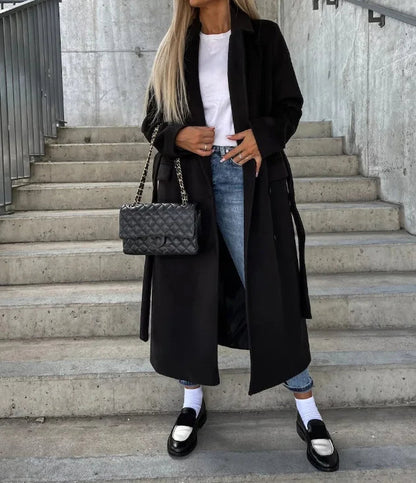 Women's Elegant Warm Long Double Breasted Winter Coat with Belt Classic Look | Ideal for Autumn/Winter - Navenport