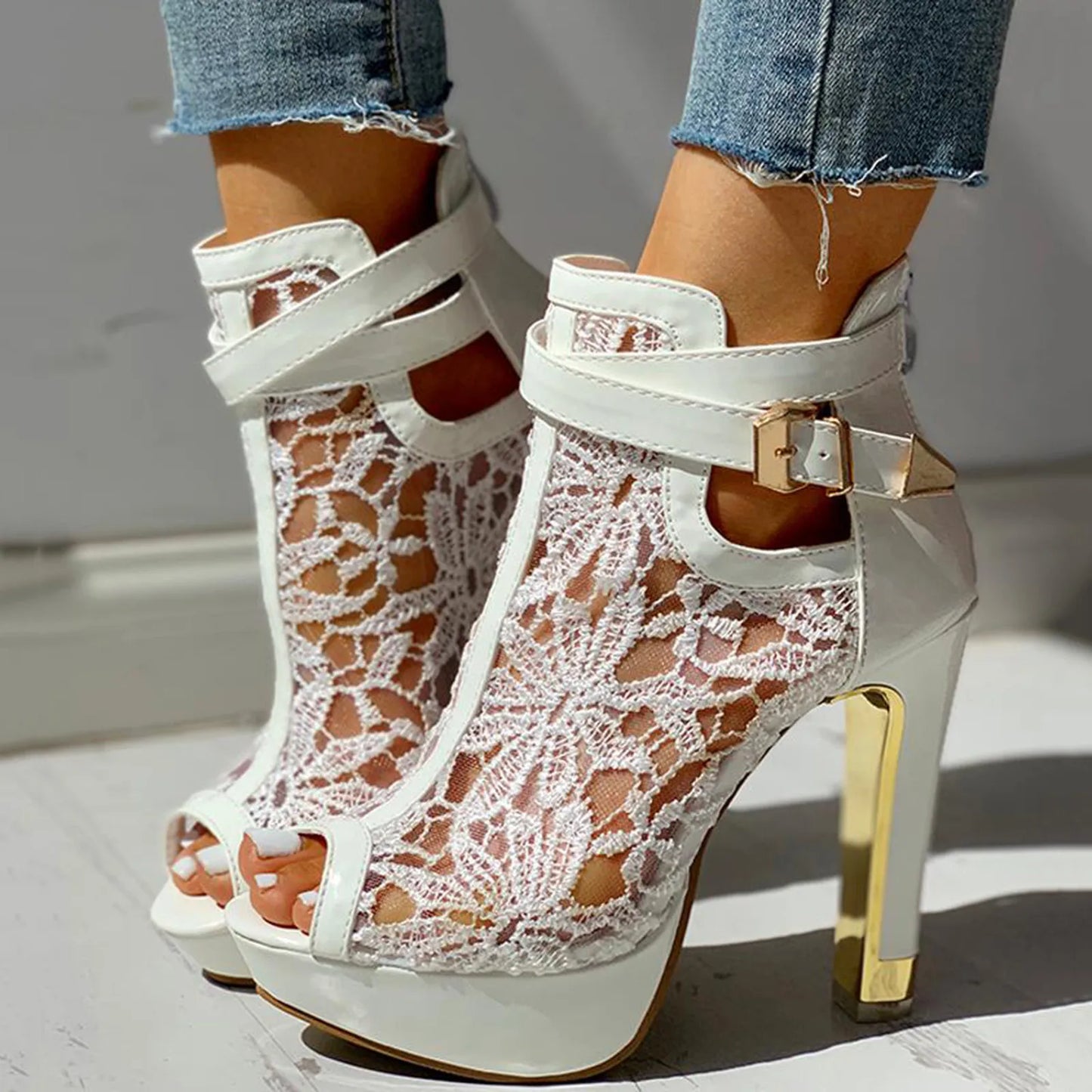 Women's Peep Toe High Heels – Black Lace & Gold Detail