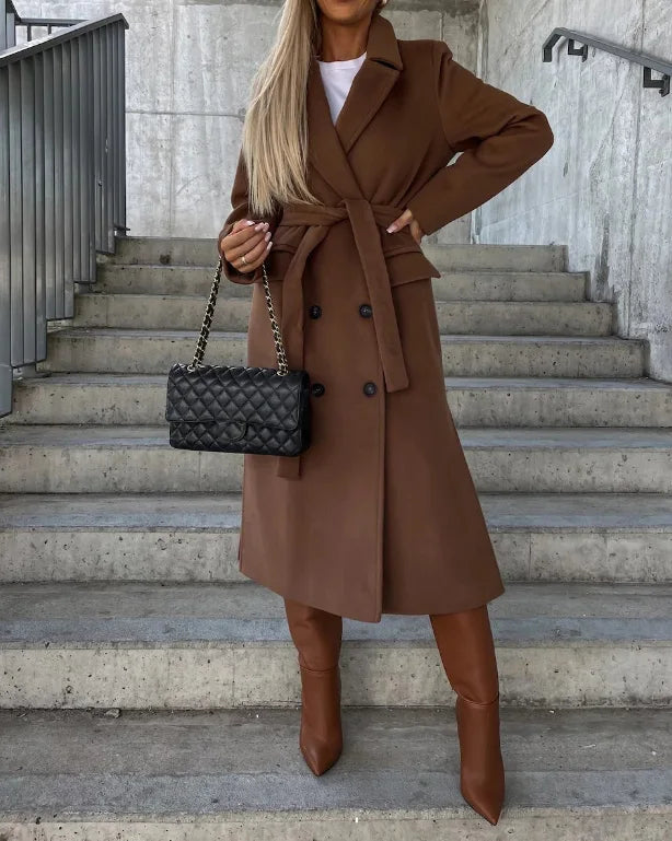 Women's Elegant Warm Long Double Breasted Winter Coat with Belt Classic Look | Ideal for Autumn/Winter - Navenport