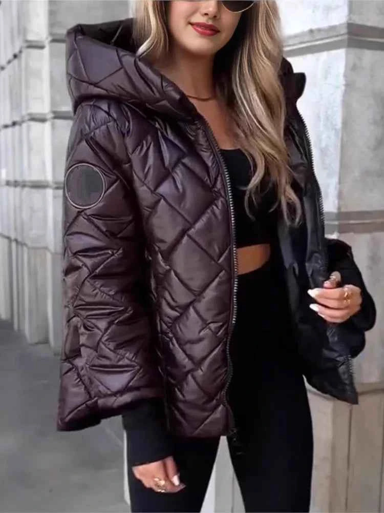 Women's Quilted Hooded Winter Coat – Cozy Padded Jacket with Zipper