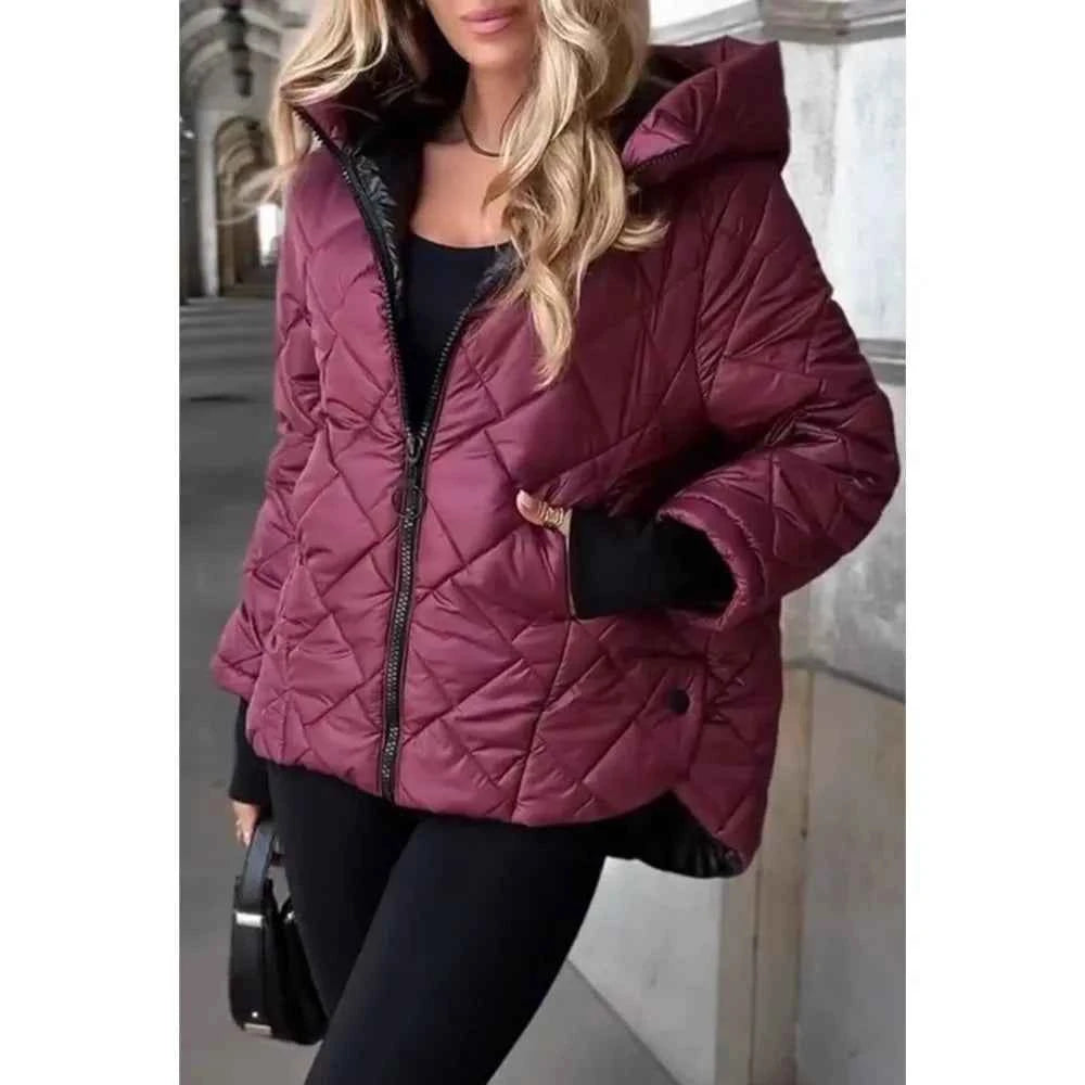 Women's Quilted Hooded Winter Coat – Cozy Padded Jacket with Zipper