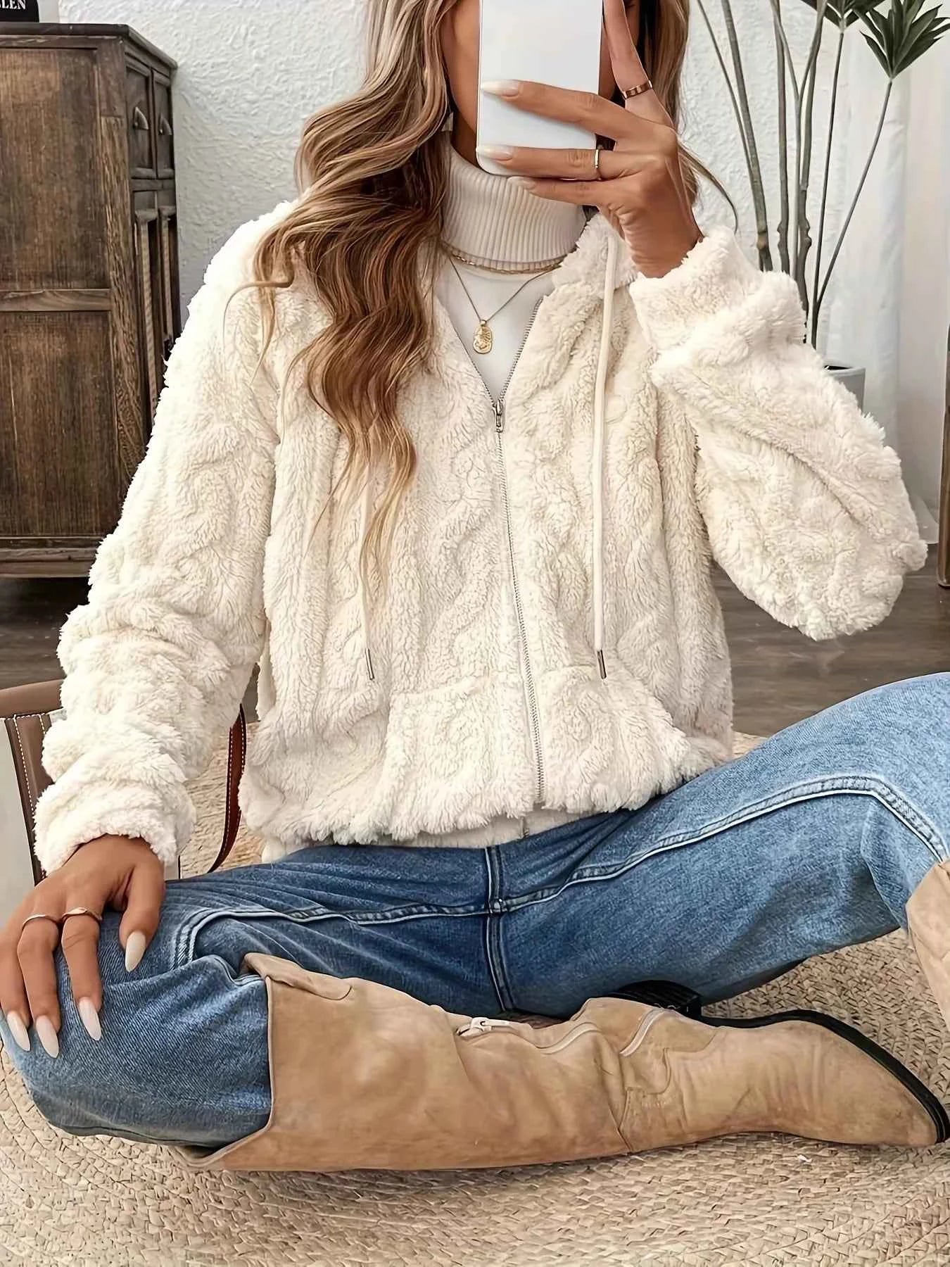 Women's Hooded Fluffy Zipper Coat - Perfect for Autumn and Winter