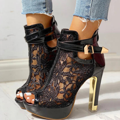 Women's Peep Toe High Heels – Black Lace & Gold Detail