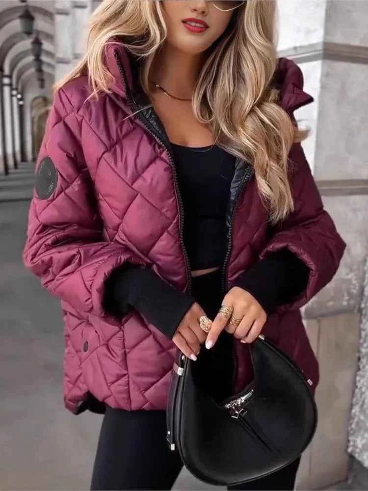 Women's Quilted Hooded Winter Coat – Cozy Padded Jacket with Zipper