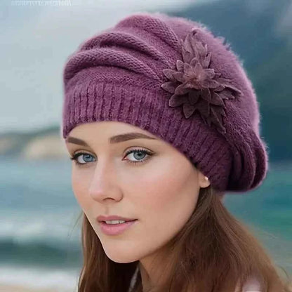 Women's Floral Winter Beanie - Cozy Knitted Wool Hat with Flower Accents