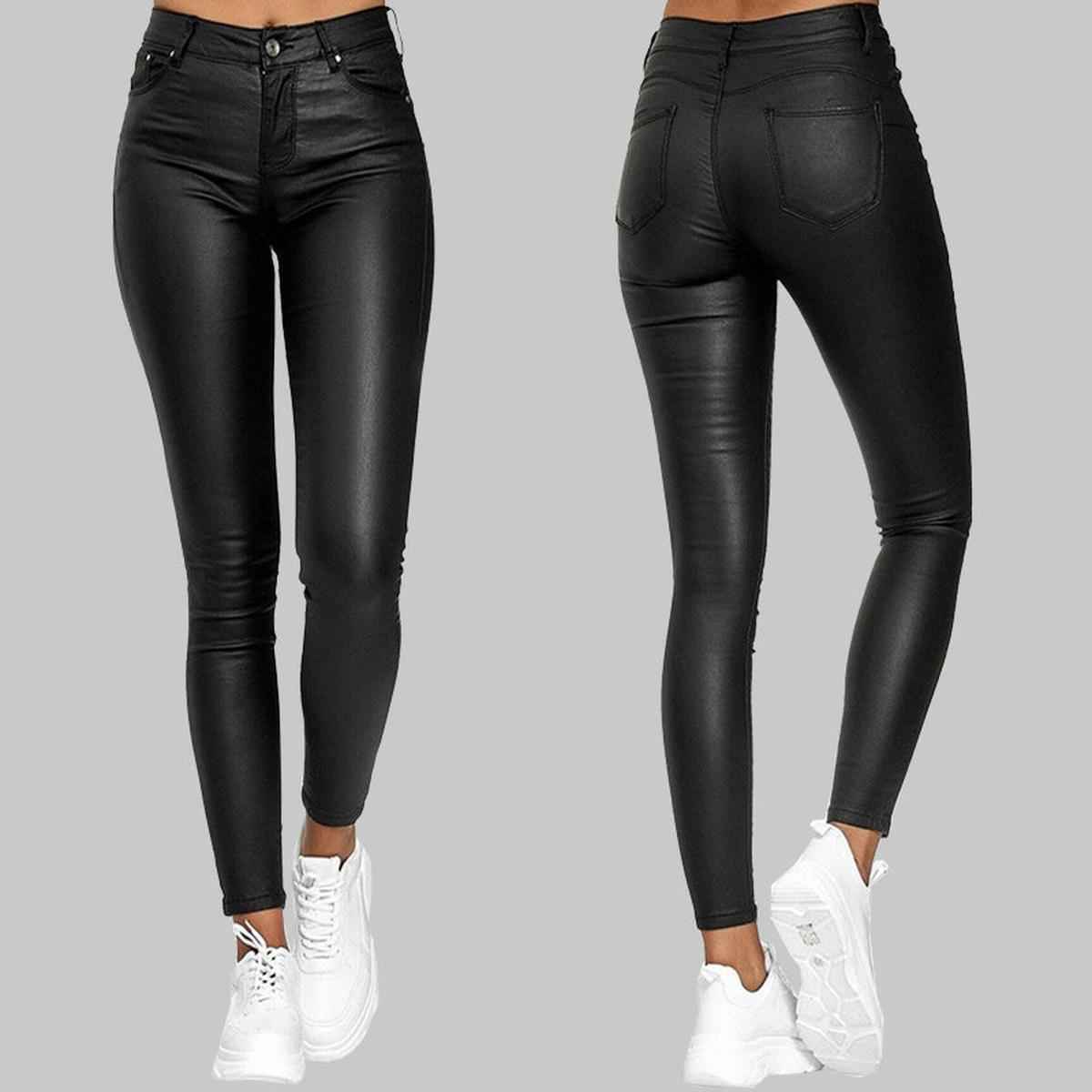 Skinny PU Leather Pants High-Waisted Stretch-Cut for Women