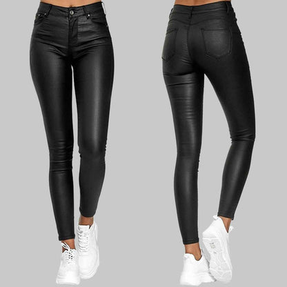 Skinny PU Leather Pants High-Waisted Stretch-Cut for Women