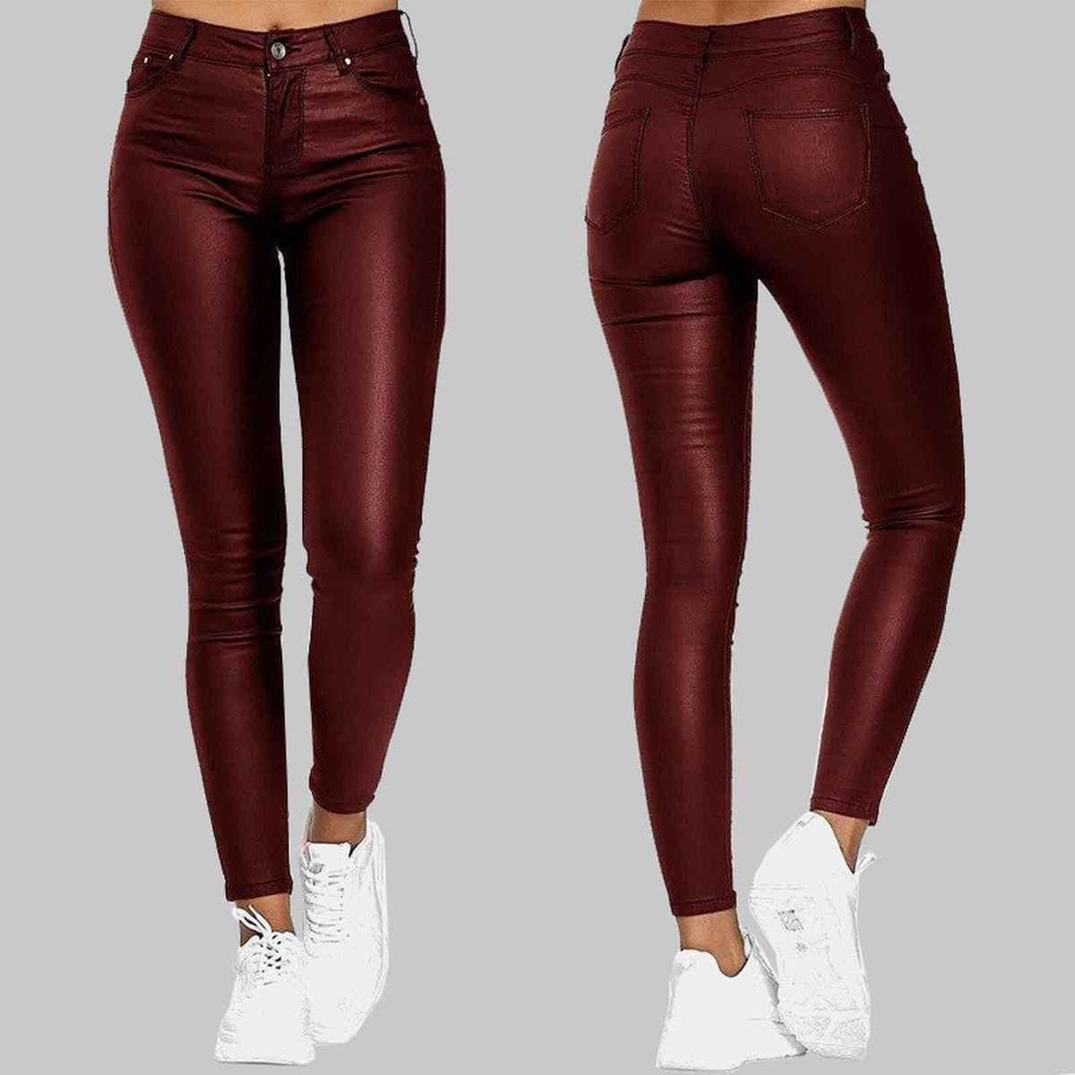 Skinny PU Leather Pants High-Waisted Stretch-Cut for Women