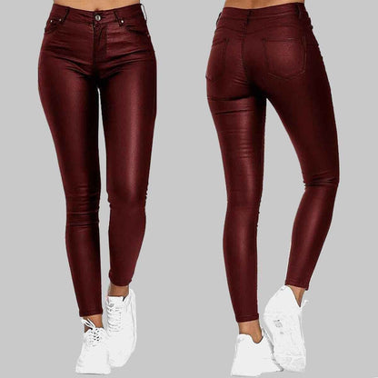 Skinny PU Leather Pants High-Waisted Stretch-Cut for Women