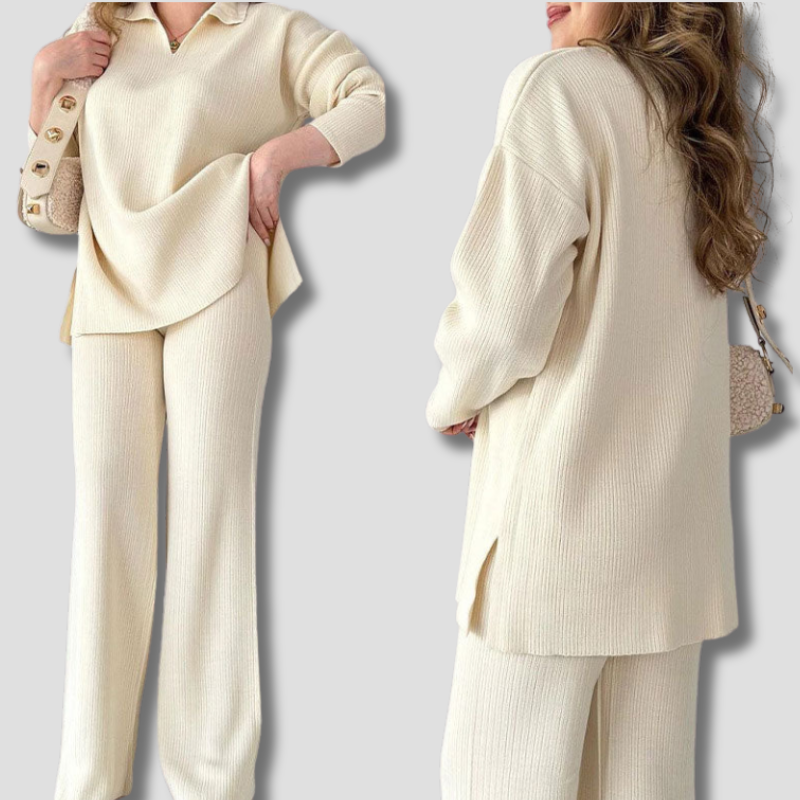 V-Neck Ribbed Loungewear Set with Wide-Leg Pants