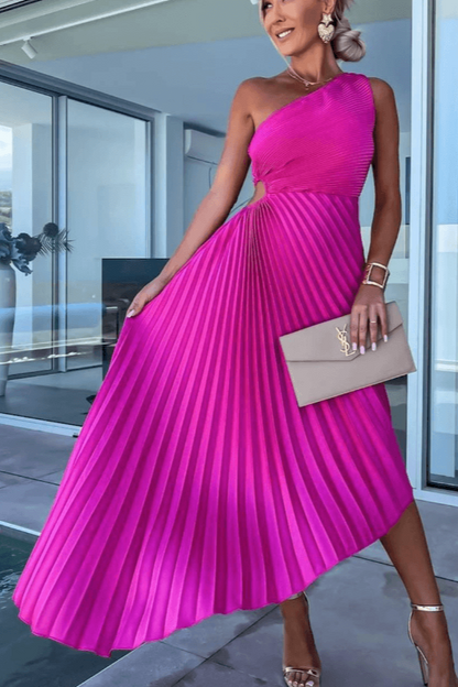 One-Shoulder Pleated Dress for Women - Asymmetrical Hem with Draped Silhouette