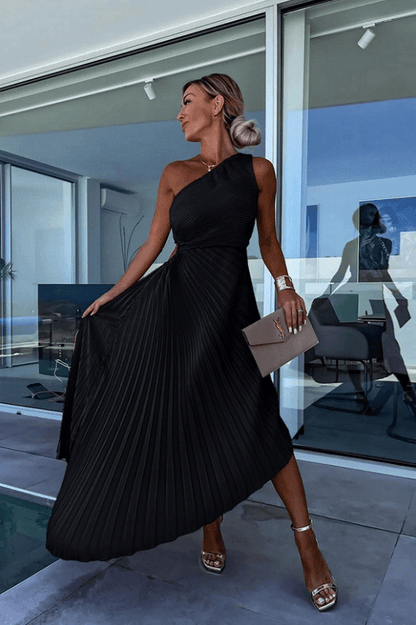 One-Shoulder Pleated Dress for Women - Asymmetrical Hem with Draped Silhouette