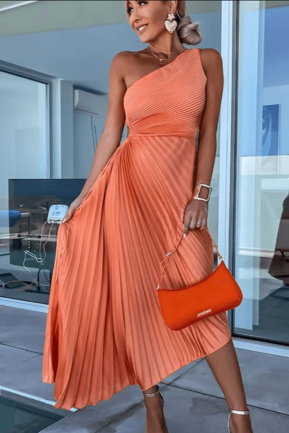 One-Shoulder Pleated Dress for Women - Asymmetrical Hem with Draped Silhouette